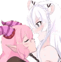 Two anime-style girls with horns and ears lean in and share a gentle kiss in a pixel art animation.
