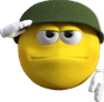 Yellow smiley face wearing a green military helmet performing a crisp hand salute.