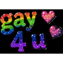 Sparkly rainbow text reading gay 4 u with two pink glittery hearts on a black background.