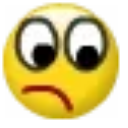 A yellow smiley face with wide eyes and a flat, downturned mouth looking skeptical.