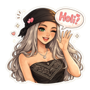 Anime girl with long hair and a black hat winks and waves with a speech bubble that says Holi.