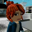 A Roblox avatar with red hair and a blue jacket looking at the camera with a neutral, skeptical expression.