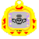 A yellow digital pet device screen shows a pixelated skull with a halo and wings in two different animation frames.