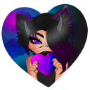 Anime girl with cat ears holding a glowing purple heart against a dark space-themed background.
