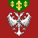 Double-headed eagle emblem in white on a red background with a green crest above.