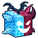 Spirit emoji featuring a cube with a light blue angelic side and a dark purple demonic side with a mischievous grin.