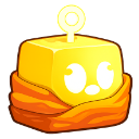 Buddha fruit character from Blox Fruits with a happy expression and a golden cube body.