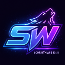 A stylized wolf silhouette above the letters SW in glowing blue and purple neon.