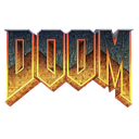 Doom II logo with metallic blue and orange gradient text and a Roman numeral two on a pedestal.