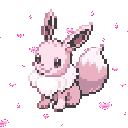 A small, light pink, fox-like creature sits peacefully while surrounded by floating pink hearts.
