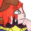 A red-haired character with horns looking upward with a skeptical and contemplative expression.