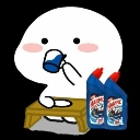 A round white character sitting at a table drinking from a blue mug next to two blue bottles of cleaning liquid.