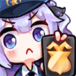 Anime girl with purple hair wearing a police hat and holding up a golden badge with a serious expression.