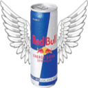 Energy drink can with large white wings attached to its sides.
