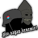 A dark, pixelated figure wearing a military helmet with gothic text below it.