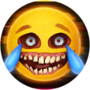 Yellow emoji face with hollow black eye sockets and a wide, toothy, monstrous grin, with blue tears streaming from its eyes.