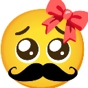 Yellow smiley face with wide eyes, a large black mustache, and a pink bow on its head.