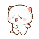 A white cartoon cat dancing with its eyes closed and mouth open in a joyful expression.