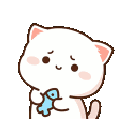 A small white cat with pink ears holding a blue fish and looking bashful.