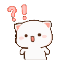 A white cat-like character looking confused with question marks and exclamation points above its head.