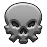 Skull icon with a simplified, geometric design in shades of gray on a black background.