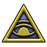 A golden eye centered inside a blue triangle with a gold border.