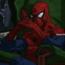 Spider-Man sitting in a chair with his hands clasped in a pensive, serious pose.