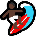 Surfer riding a red surfboard on a blue wave against a black background.