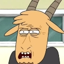A cartoon goat with a weary, annoyed expression and mouth slightly agape.