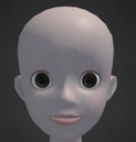 Humanoid 3D avatar with a smooth gray head, large black eyes, and a small smile looking forward.