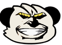 A stylized face with a wide, confident grin and glowing yellow eyes.