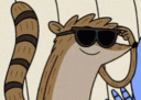 A cartoon raccoon sliding a pair of black sunglasses onto its face with a smug expression.