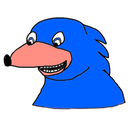 Blue creature with a pink snout and a wide, toothy grin looking to the side.