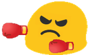 A yellow circular character with an angry expression wearing red boxing gloves.