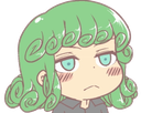 Chibi anime girl with green hair looking sideways with a skeptical and unimpressed expression.