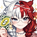 Anime girl with split-colored hair holds up a green reverse card with a smug expression.