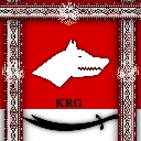 Wolf head icon positioned above a sword on a red and white background.