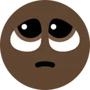 Dark brown circular face with large, watery eyes looking upward in a pleading expression.