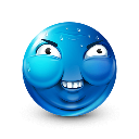 Blue circular face with a smug expression and puckered lips in a mewing pose.
