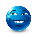 A blue spherical face with a wide, smug grin and eyes squinted in a knowing, mischievous expression.
