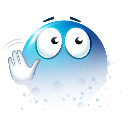 Blue blob character waving with a white hand while its bottom half dissolves into blue pixels.
