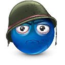 Blue spherical character wearing a military helmet with a weary and shocked expression.