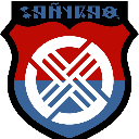 A red and blue shield emblem with a white geometric symbol in the center.