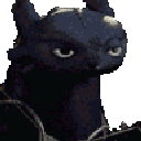 A dark dragon character looking back and forth with a suspicious and judgmental expression.