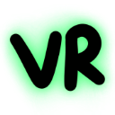 The letters VR written in a bold black font on a vibrant neon green blob shape.