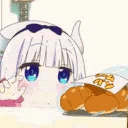 Anime girl with white hair and blue eyes reaches out to snatch a bag of food.