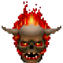 A pixel art skull with glowing red eyes and bright orange flames rising from the top of its head.