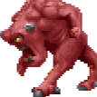 A red pixelated monster with glowing eyes and a snarling mouth showing sharp teeth.