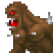 Brown pixelated demon with glowing red eyes and mouth open in a roar.