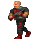 A pixelated soldier in red and black armor stands in a combat-ready pose.